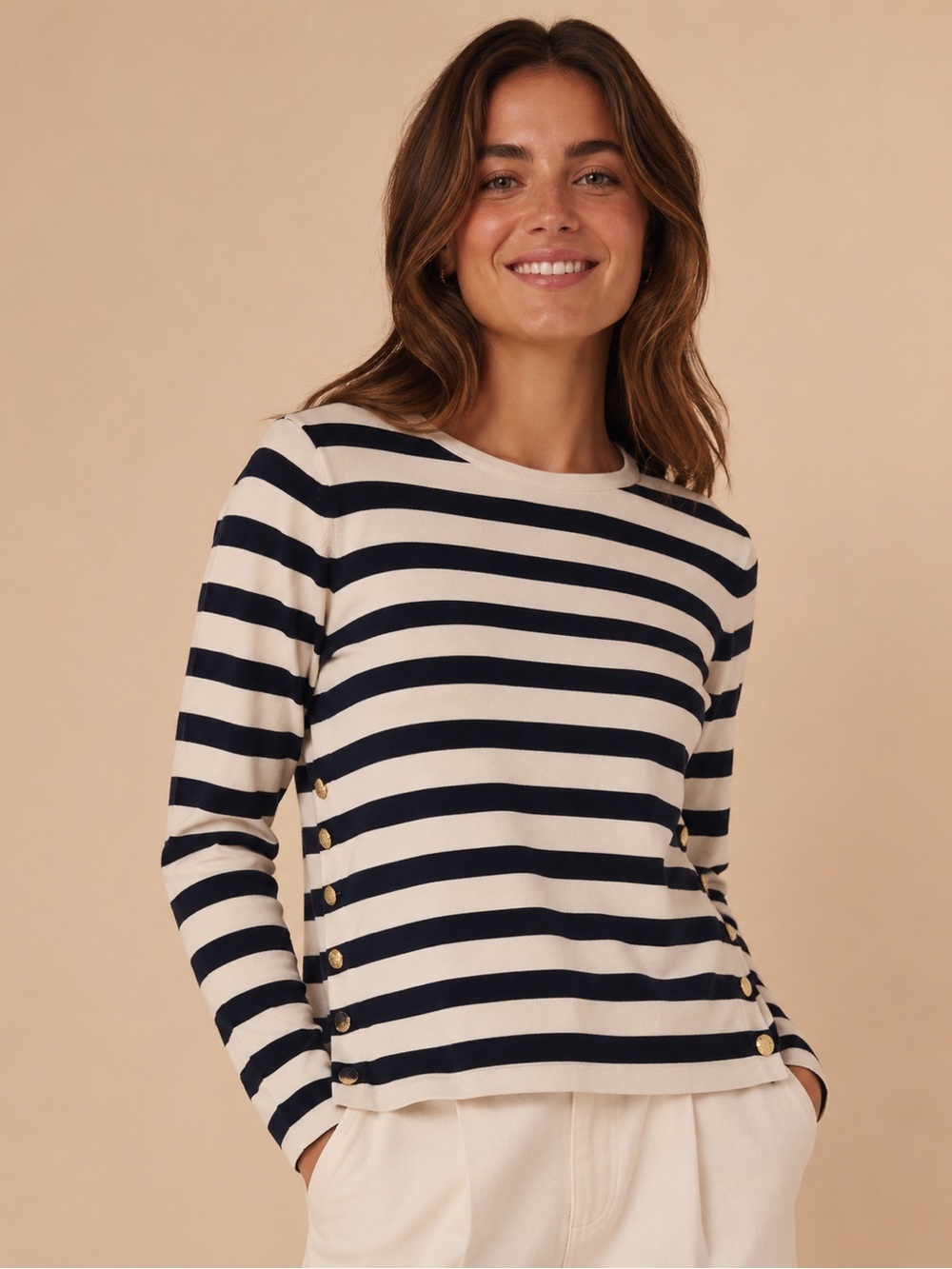 J. Crew Navy and Cream Striped Long-Sleeve Top with Side Buttons L Coastal